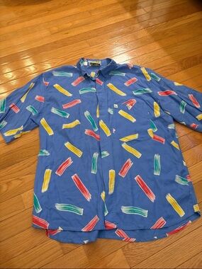 Eureka Blue Short-Sleeve Button-Down with Multicolor Brushstroke Print